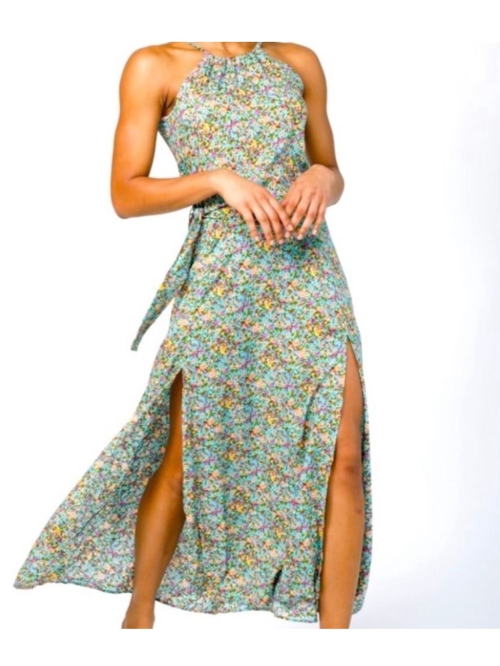 Silk and salt Halter Maxi Dress with Double Side Slits